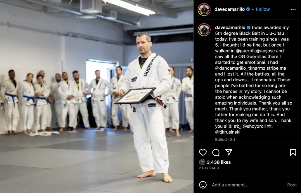 Dave Camarillo receiving 5th Degree Black Belt in Jiu-Jitsu
