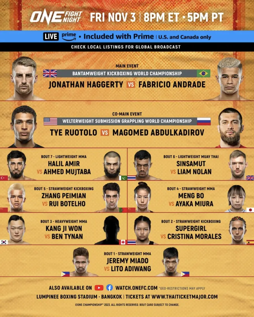 ONE Fight Night 16: Jonathan Haggerty vs. Fabricio Andrade Card (@onechampionship)